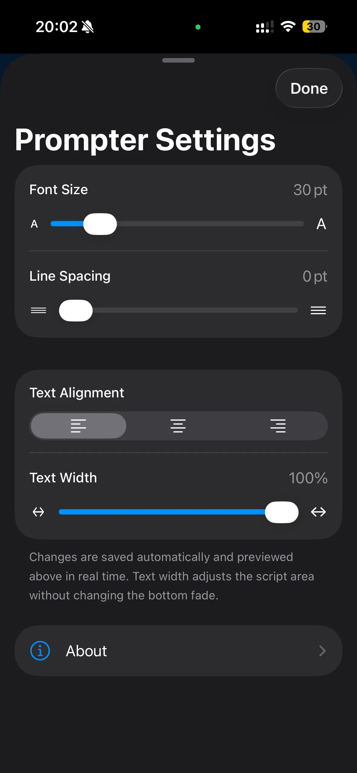 BeginTeleprompter text size, spacing, alignment, and width controls