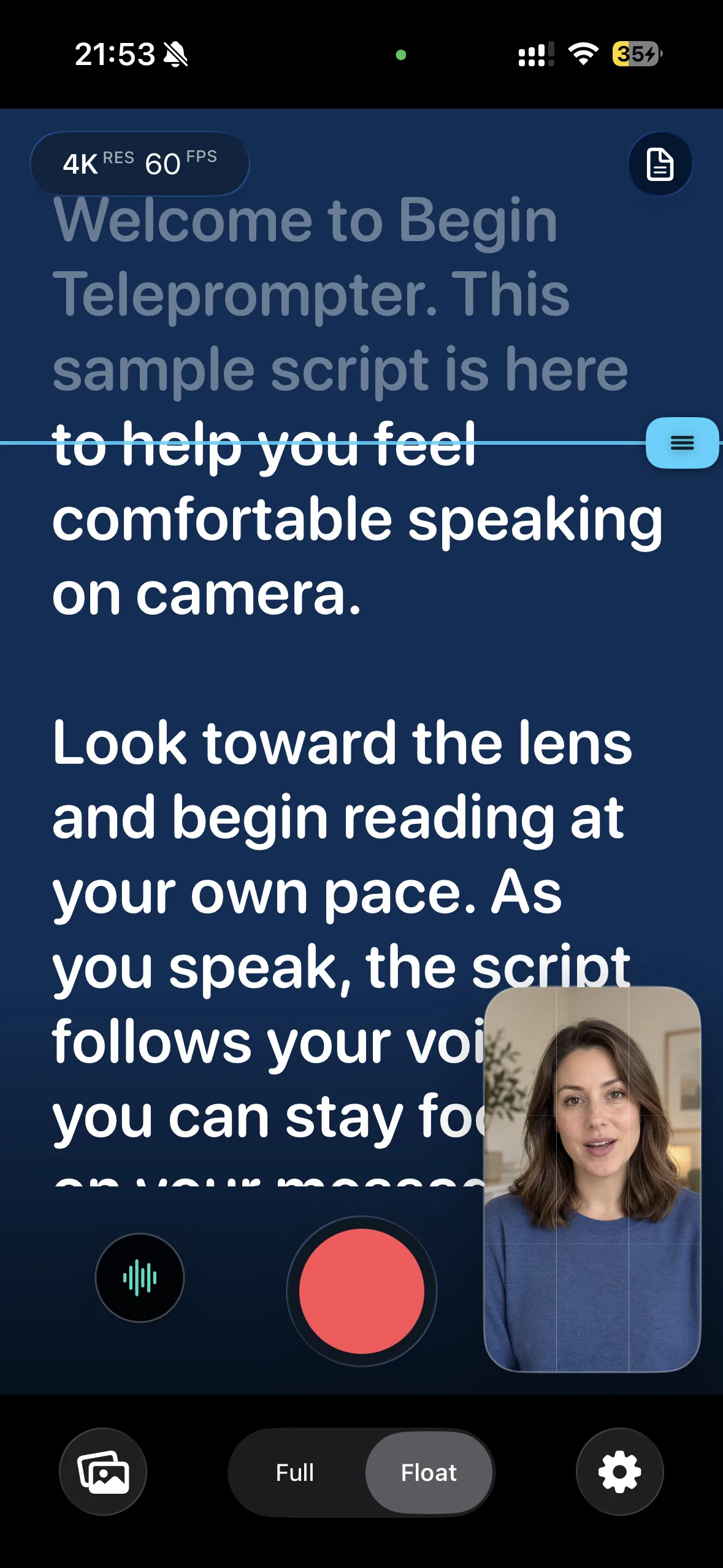 BeginTeleprompter full and floating in-app camera views
